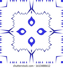 Portuguese ornamental azulejo ceramic. Universal design. Vector seamless pattern poster. Blue vintage backdrop for wallpaper, web background, towels, print, surface texture, pillows.