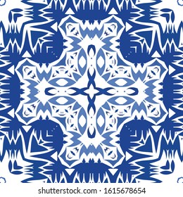 Portuguese ornamental azulejo ceramic. Universal design. Vector seamless pattern poster. Blue vintage backdrop for wallpaper, web background, towels, print, surface texture, pillows.