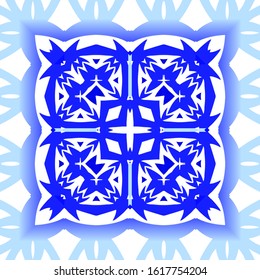 Portuguese ornamental azulejo ceramic. Universal design. Vector seamless pattern poster. Blue vintage backdrop for wallpaper, web background, towels, print, surface texture, pillows.