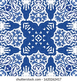 Portuguese ornamental azulejo ceramic. Universal design. Vector seamless pattern poster. Blue vintage backdrop for wallpaper, web background, towels, print, surface texture, pillows.