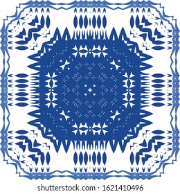 Portuguese ornamental azulejo ceramic. Universal design. Vector seamless pattern poster. Blue vintage backdrop for wallpaper, web background, towels, print, surface texture, pillows.