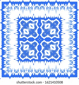 Portuguese ornamental azulejo ceramic. Universal design. Vector seamless pattern poster. Blue vintage backdrop for wallpaper, web background, towels, print, surface texture, pillows.