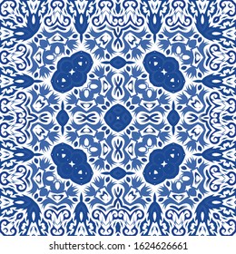 Portuguese ornamental azulejo ceramic. Universal design. Vector seamless pattern poster. Blue vintage backdrop for wallpaper, web background, towels, print, surface texture, pillows.