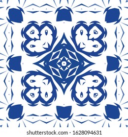 Portuguese ornamental azulejo ceramic. Universal design. Vector seamless pattern poster. Blue vintage backdrop for wallpaper, web background, towels, print, surface texture, pillows.