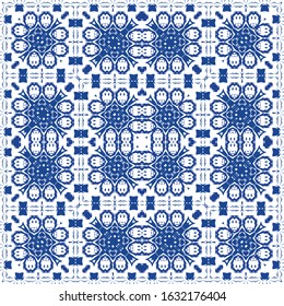 Portuguese ornamental azulejo ceramic. Universal design. Vector seamless pattern poster. Blue vintage backdrop for wallpaper, web background, towels, print, surface texture, pillows.