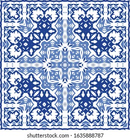 Portuguese ornamental azulejo ceramic. Universal design. Vector seamless pattern poster. Blue vintage backdrop for wallpaper, web background, towels, print, surface texture, pillows.