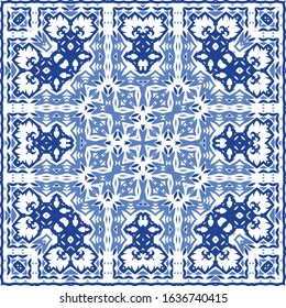 Portuguese ornamental azulejo ceramic. Universal design. Vector seamless pattern poster. Blue vintage backdrop for wallpaper, web background, towels, print, surface texture, pillows.