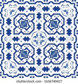 Portuguese ornamental azulejo ceramic. Universal design. Vector seamless pattern poster. Blue vintage backdrop for wallpaper, web background, towels, print, surface texture, pillows.