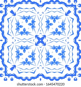 Portuguese ornamental azulejo ceramic. Universal design. Vector seamless pattern poster. Blue vintage backdrop for wallpaper, web background, towels, print, surface texture, pillows.