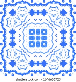 Portuguese ornamental azulejo ceramic. Universal design. Vector seamless pattern poster. Blue vintage backdrop for wallpaper, web background, towels, print, surface texture, pillows.