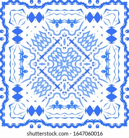 Portuguese ornamental azulejo ceramic. Universal design. Vector seamless pattern poster. Blue vintage backdrop for wallpaper, web background, towels, print, surface texture, pillows.