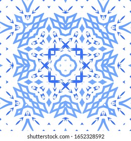 Portuguese ornamental azulejo ceramic. Universal design. Vector seamless pattern poster. Blue vintage backdrop for wallpaper, web background, towels, print, surface texture, pillows.