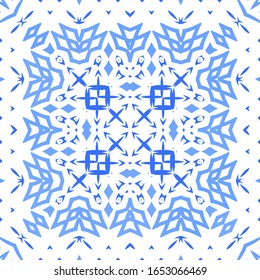 Portuguese ornamental azulejo ceramic. Universal design. Vector seamless pattern poster. Blue vintage backdrop for wallpaper, web background, towels, print, surface texture, pillows.