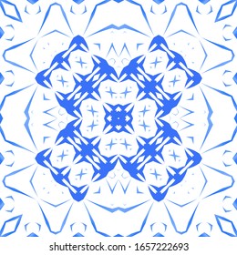 Portuguese ornamental azulejo ceramic. Universal design. Vector seamless pattern poster. Blue vintage backdrop for wallpaper, web background, towels, print, surface texture, pillows.