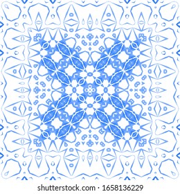 Portuguese ornamental azulejo ceramic. Universal design. Vector seamless pattern poster. Blue vintage backdrop for wallpaper, web background, towels, print, surface texture, pillows.
