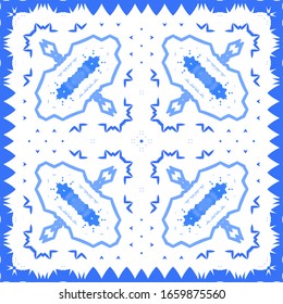 Portuguese ornamental azulejo ceramic. Universal design. Vector seamless pattern poster. Blue vintage backdrop for wallpaper, web background, towels, print, surface texture, pillows.