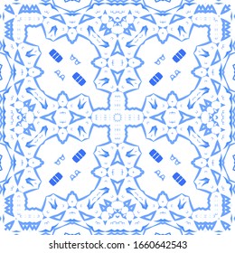 Portuguese ornamental azulejo ceramic. Universal design. Vector seamless pattern poster. Blue vintage backdrop for wallpaper, web background, towels, print, surface texture, pillows.