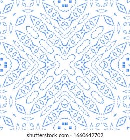 Portuguese ornamental azulejo ceramic. Universal design. Vector seamless pattern poster. Blue vintage backdrop for wallpaper, web background, towels, print, surface texture, pillows.