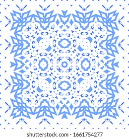 Portuguese ornamental azulejo ceramic. Universal design. Vector seamless pattern poster. Blue vintage backdrop for wallpaper, web background, towels, print, surface texture, pillows.