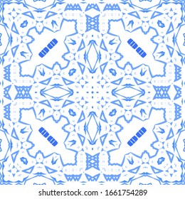 Portuguese ornamental azulejo ceramic. Universal design. Vector seamless pattern poster. Blue vintage backdrop for wallpaper, web background, towels, print, surface texture, pillows.