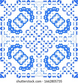 Portuguese ornamental azulejo ceramic. Universal design. Vector seamless pattern poster. Blue vintage backdrop for wallpaper, web background, towels, print, surface texture, pillows.