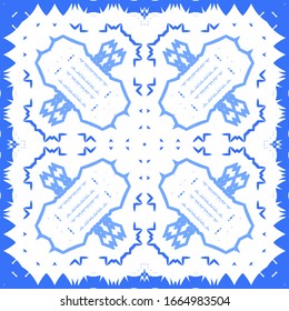 Portuguese ornamental azulejo ceramic. Universal design. Vector seamless pattern poster. Blue vintage backdrop for wallpaper, web background, towels, print, surface texture, pillows.