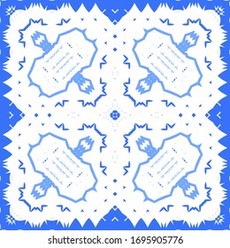 Portuguese ornamental azulejo ceramic. Universal design. Vector seamless pattern poster. Blue vintage backdrop for wallpaper, web background, towels, print, surface texture, pillows.