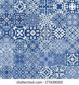 Portuguese ornamental azulejo ceramic. Universal design. Collection of vector seamless patterns. Blue vintage backdrops for wallpaper, web background, towels, print, surface texture, pillows.