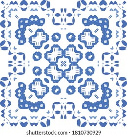 Portuguese ornamental azulejo ceramic. Universal design. Vector seamless pattern poster. Blue vintage backdrop for wallpaper, web background, towels, print, surface texture, pillows.