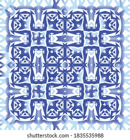 Portuguese ornamental azulejo ceramic. Universal design. Vector seamless pattern poster. Blue vintage backdrop for wallpaper, web background, towels, print, surface texture, pillows.