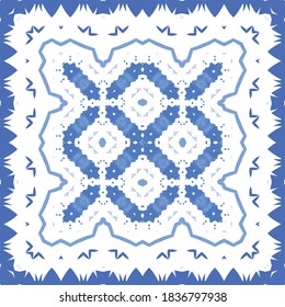 Portuguese ornamental azulejo ceramic. Universal design. Vector seamless pattern poster. Blue vintage backdrop for wallpaper, web background, towels, print, surface texture, pillows.