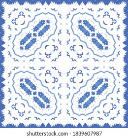 Portuguese ornamental azulejo ceramic. Universal design. Vector seamless pattern poster. Blue vintage backdrop for wallpaper, web background, towels, print, surface texture, pillows.