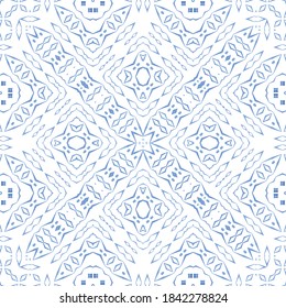Portuguese ornamental azulejo ceramic. Universal design. Vector seamless pattern poster. Blue vintage backdrop for wallpaper, web background, towels, print, surface texture, pillows.