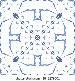 Portuguese ornamental azulejo ceramic. Universal design. Vector seamless pattern poster. Blue vintage backdrop for wallpaper, web background, towels, print, surface texture, pillows.