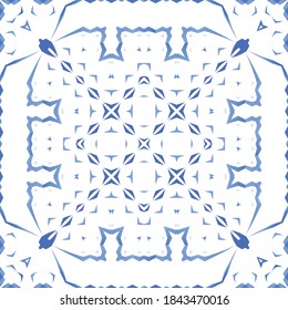 Portuguese ornamental azulejo ceramic. Universal design. Vector seamless pattern poster. Blue vintage backdrop for wallpaper, web background, towels, print, surface texture, pillows.