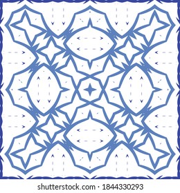 Portuguese ornamental azulejo ceramic. Universal design. Vector seamless pattern poster. Blue vintage backdrop for wallpaper, web background, towels, print, surface texture, pillows.