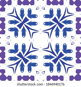Portuguese ornamental azulejo ceramic. Universal design. Vector seamless pattern poster. Blue vintage backdrop for wallpaper, web background, towels, print, surface texture, pillows.