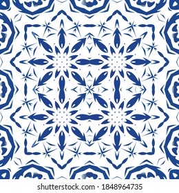 Portuguese ornamental azulejo ceramic. Universal design. Vector seamless pattern poster. Blue vintage backdrop for wallpaper, web background, towels, print, surface texture, pillows.