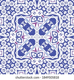 Portuguese ornamental azulejo ceramic. Universal design. Vector seamless pattern poster. Blue vintage backdrop for wallpaper, web background, towels, print, surface texture, pillows.