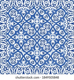 Portuguese ornamental azulejo ceramic. Universal design. Vector seamless pattern poster. Blue vintage backdrop for wallpaper, web background, towels, print, surface texture, pillows.