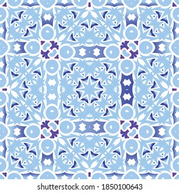 Portuguese ornamental azulejo ceramic. Universal design. Vector seamless pattern poster. Blue vintage backdrop for wallpaper, web background, towels, print, surface texture, pillows.