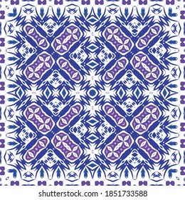 Portuguese ornamental azulejo ceramic. Universal design. Vector seamless pattern poster. Blue vintage backdrop for wallpaper, web background, towels, print, surface texture, pillows.