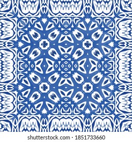 Portuguese ornamental azulejo ceramic. Universal design. Vector seamless pattern poster. Blue vintage backdrop for wallpaper, web background, towels, print, surface texture, pillows.