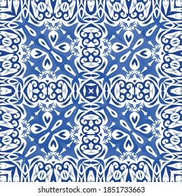 Portuguese ornamental azulejo ceramic. Universal design. Vector seamless pattern poster. Blue vintage backdrop for wallpaper, web background, towels, print, surface texture, pillows.