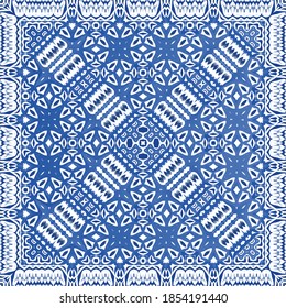 Portuguese ornamental azulejo ceramic. Universal design. Vector seamless pattern poster. Blue vintage backdrop for wallpaper, web background, towels, print, surface texture, pillows.