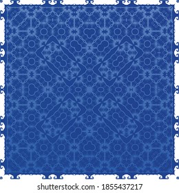 Portuguese ornamental azulejo ceramic. Universal design. Vector seamless pattern poster. Blue vintage backdrop for wallpaper, web background, towels, print, surface texture, pillows.
