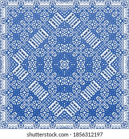 Portuguese ornamental azulejo ceramic. Universal design. Vector seamless pattern poster. Blue vintage backdrop for wallpaper, web background, towels, print, surface texture, pillows.