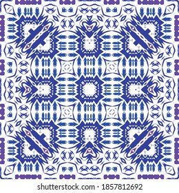 Portuguese ornamental azulejo ceramic. Universal design. Vector seamless pattern poster. Blue vintage backdrop for wallpaper, web background, towels, print, surface texture, pillows.