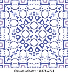 Portuguese ornamental azulejo ceramic. Universal design. Vector seamless pattern poster. Blue vintage backdrop for wallpaper, web background, towels, print, surface texture, pillows.