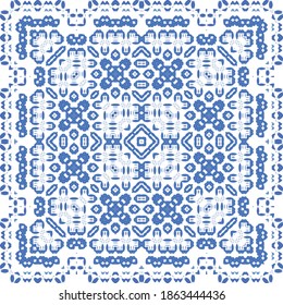 Portuguese ornamental azulejo ceramic. Universal design. Vector seamless pattern poster. Blue vintage backdrop for wallpaper, web background, towels, print, surface texture, pillows.